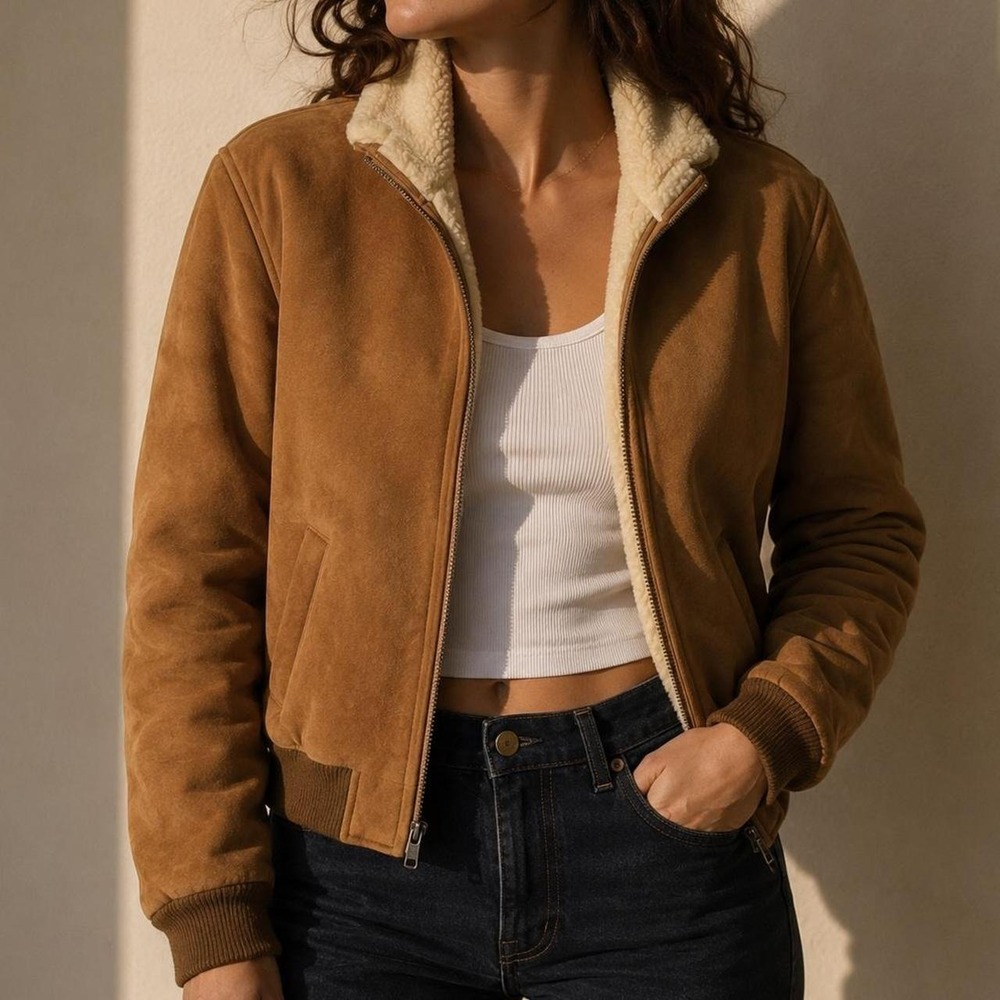 Vintage Barneys CO-OP Suede Shearling Bomber Jacket Brown Cropped - Picture 2 of 11